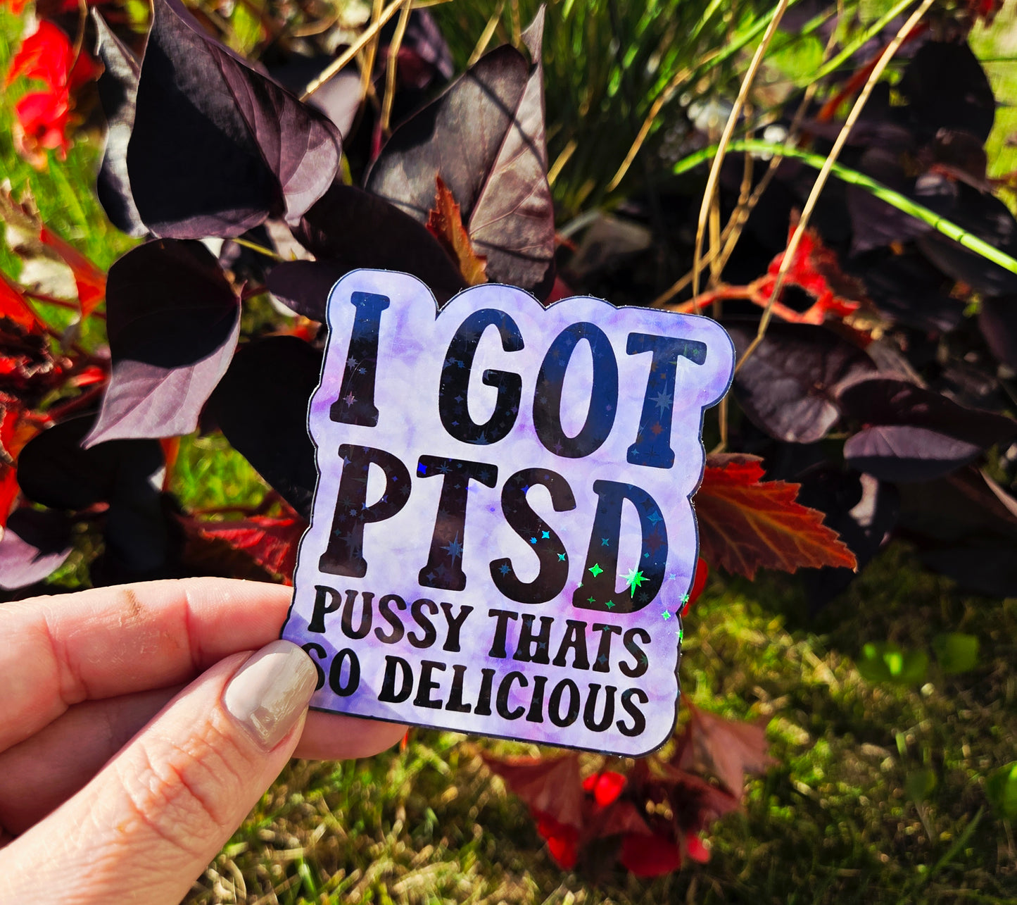 Purple tie-dye style sticker with bold black text that reads “I Got PTSD – Pussy That’s So Delicious”