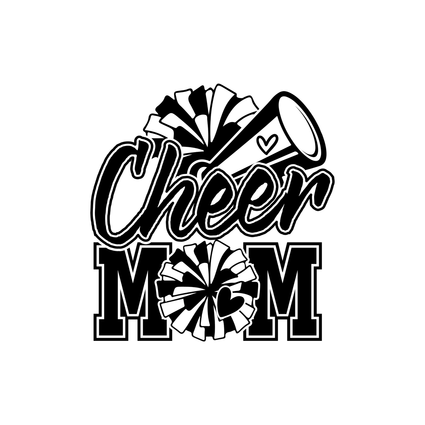 Black and white vinyl decal that says “Cheer Mom” with pom-poms, megaphone, and heart details
