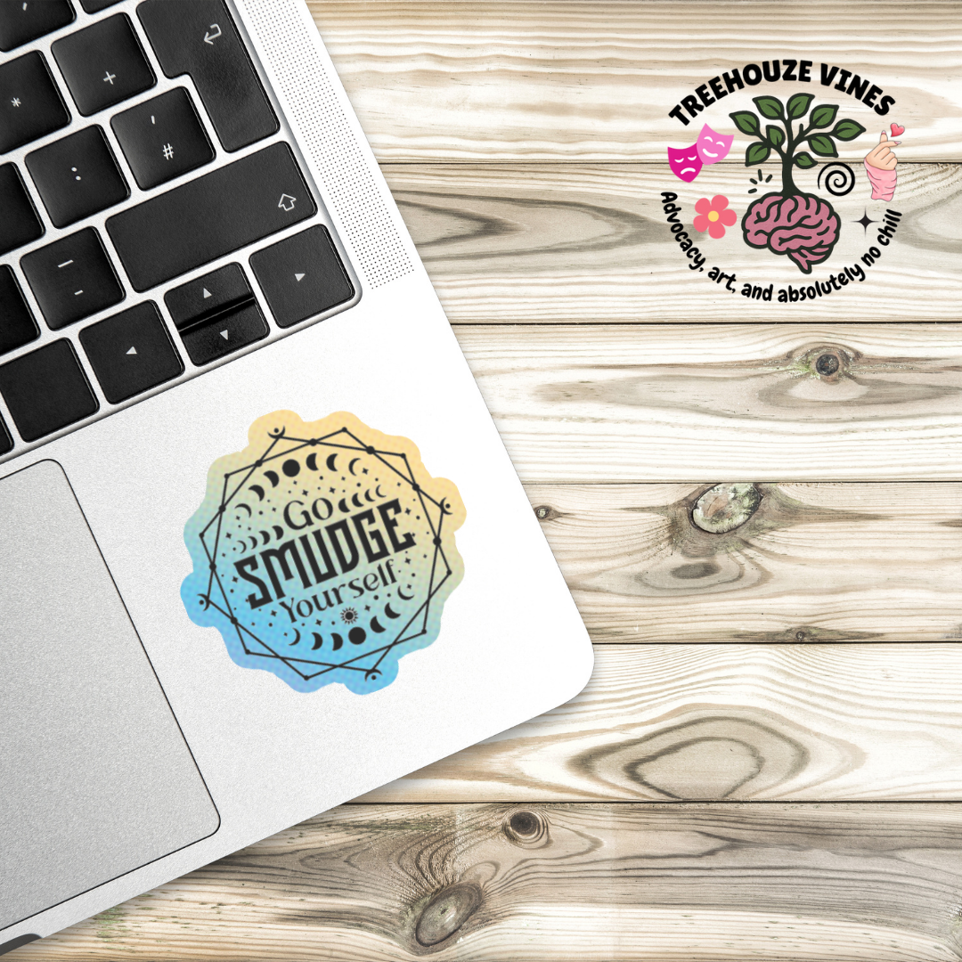 Holographic sticker with moon phases, sacred lines, and the phrase “Go Smudge Yourself” in bold black letters