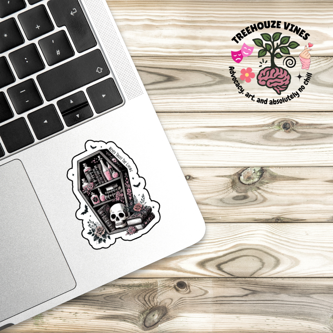 Sticker shaped like a coffin bookshelf with books, pink potion bottles, roses, and a skull, surrounded by bats and flowers. Text along the side reads “Never Trust the Living.”