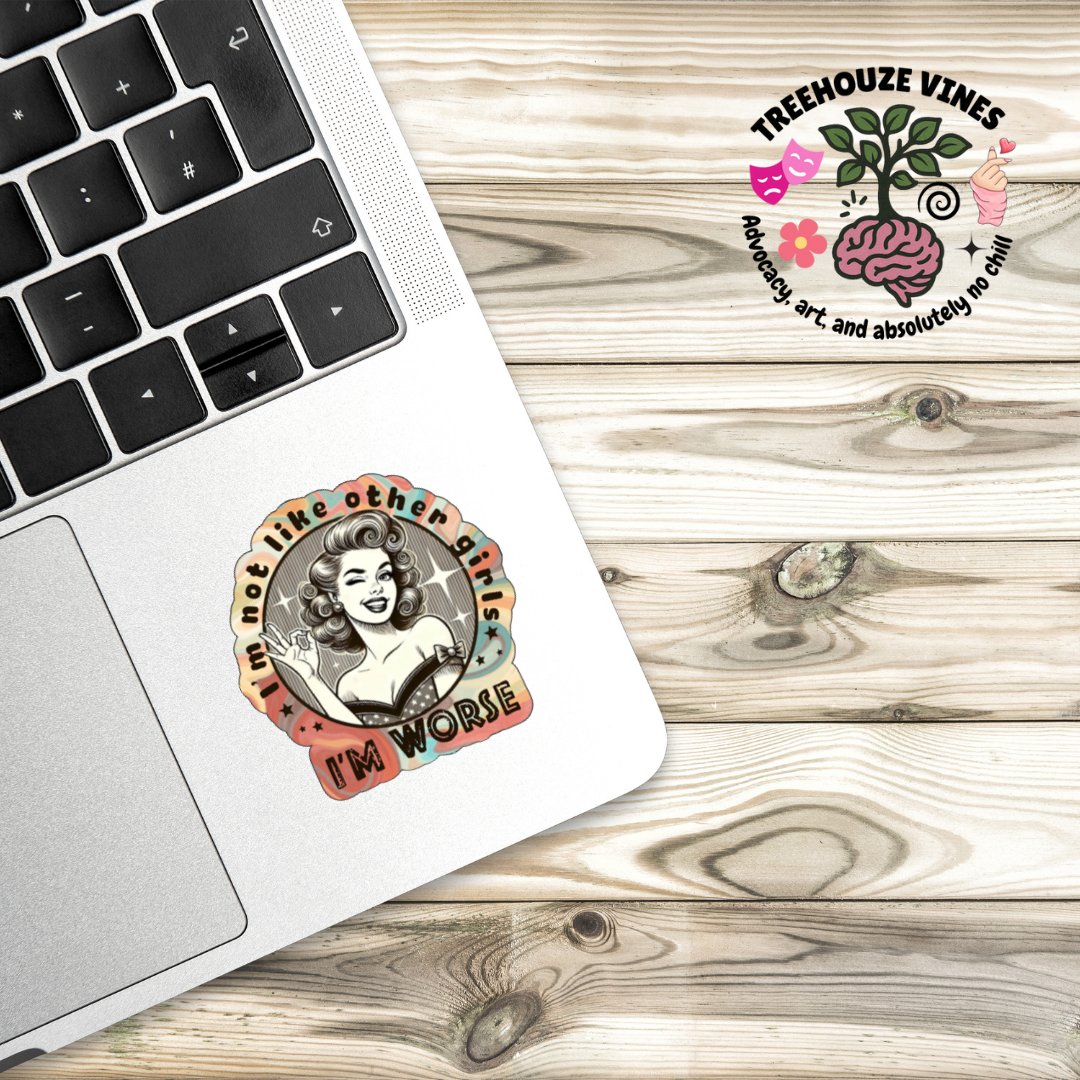 Sticker featuring a retro pin-up girl with curled hair, winking and giving an OK hand gesture, surrounded by the phrase “I’m not like other girls – I’m worse” on a colorful background