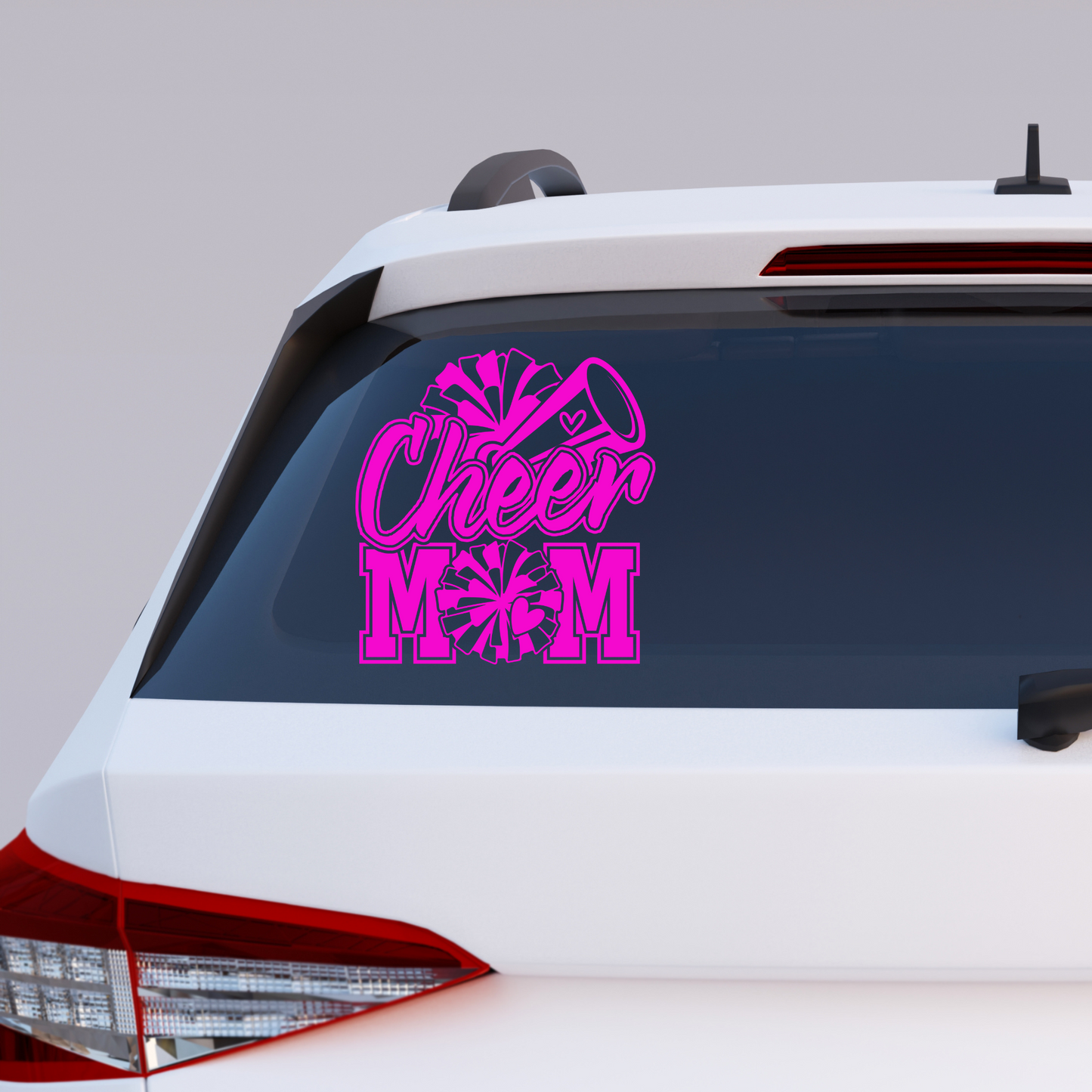 Black and white vinyl decal that says “Cheer Mom” with pom-poms, megaphone, and heart details