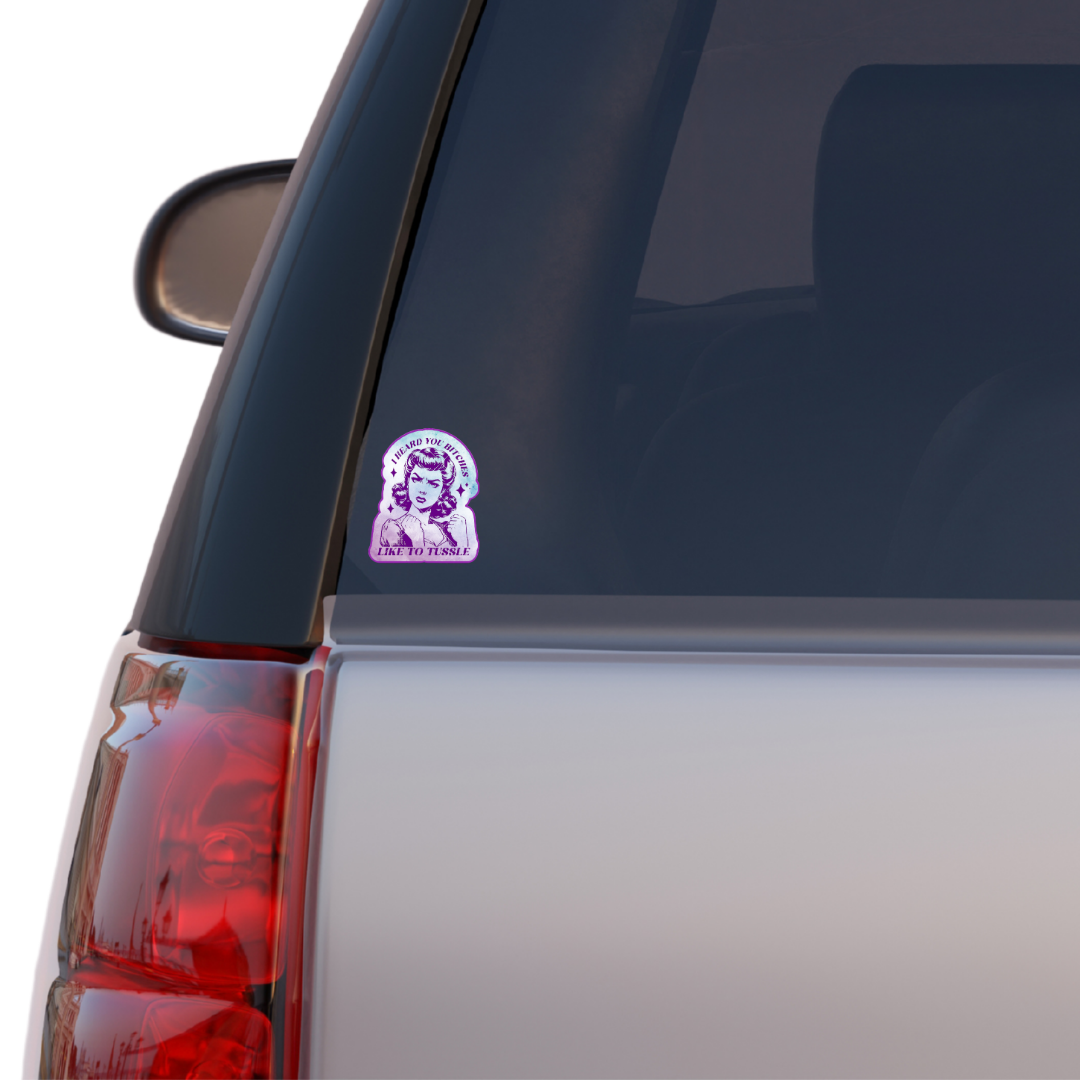 Sticker featuring a vintage-style woman with fists up and the phrase “I Heard You Bitches Like to Tussle” in purple and teal tones