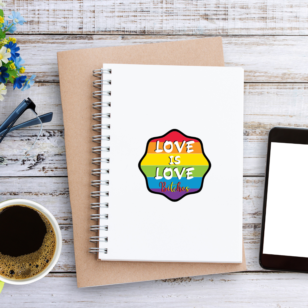 Rainbow-striped sticker with bold white text “Love is Love” and colorful cursive “Bitches” at the bottom