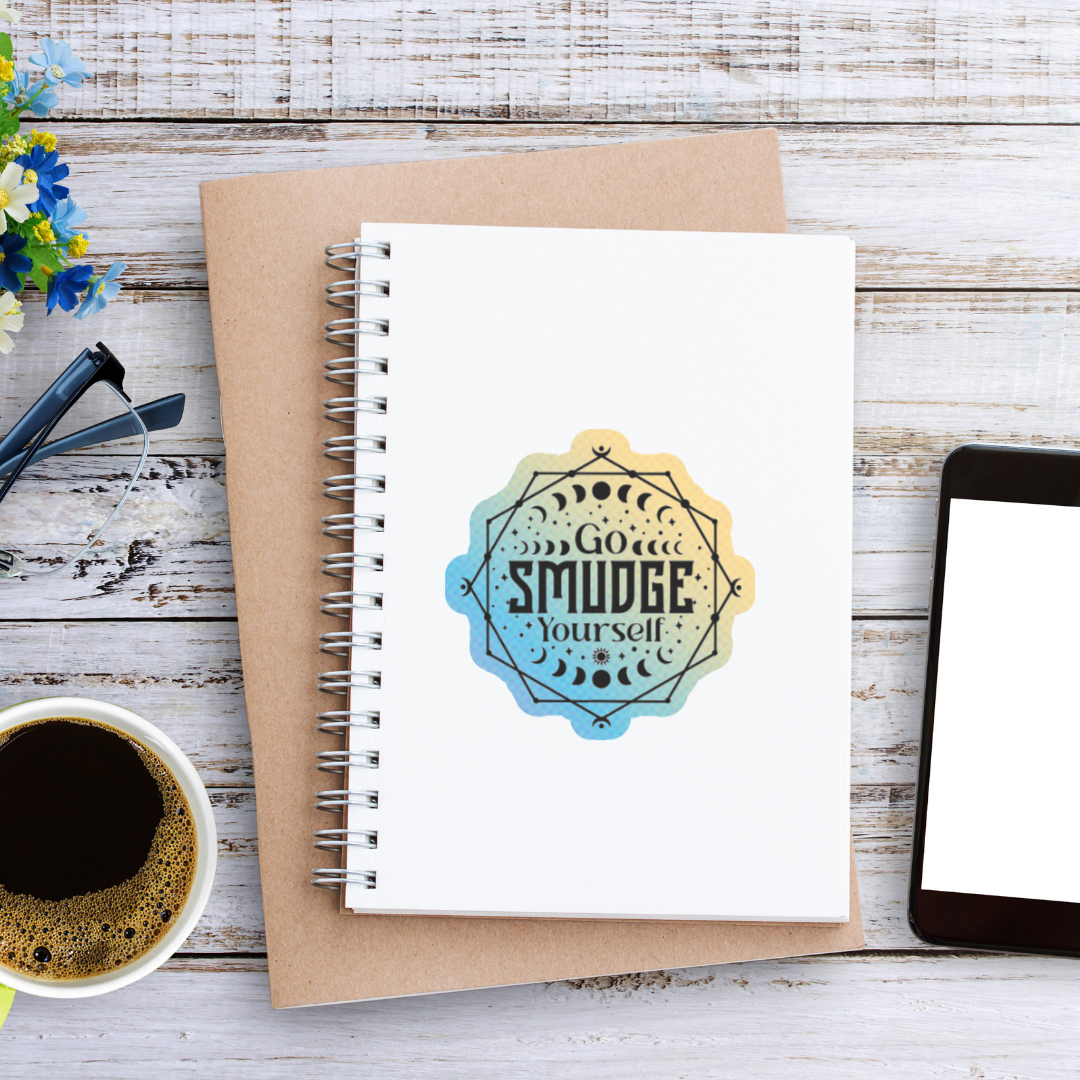 Holographic sticker with moon phases, sacred lines, and the phrase “Go Smudge Yourself” in bold black letters