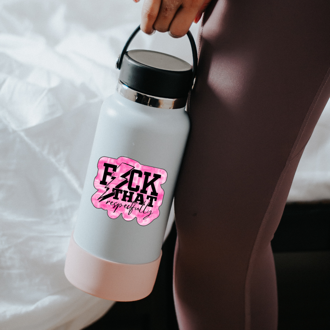 Sticker with pink marble background and the phrase “F*ck That Respectfully” in black text with a lightning bolt