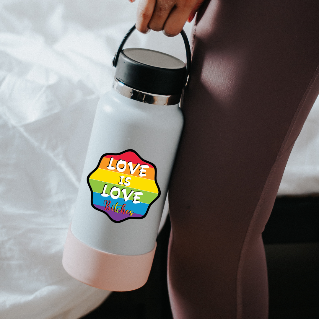 Rainbow-striped sticker with bold white text “Love is Love” and colorful cursive “Bitches” at the bottom