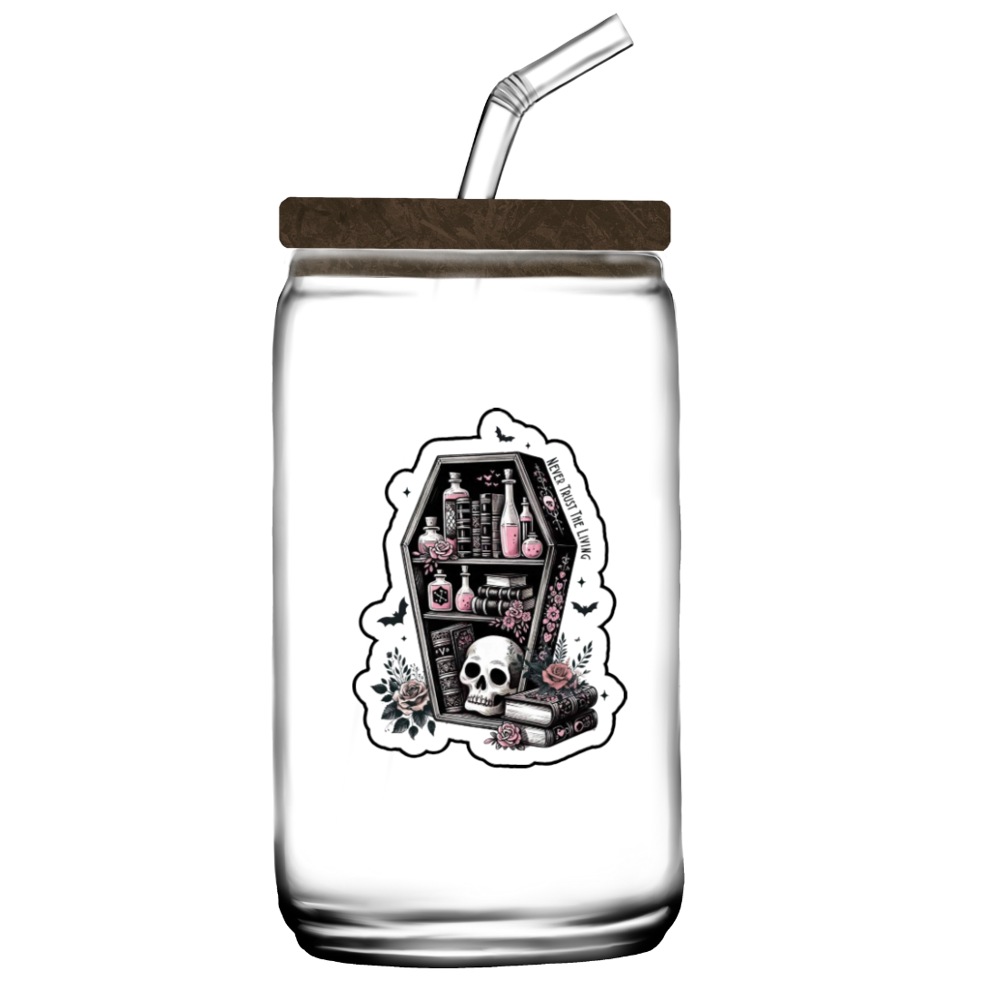 Sticker shaped like a coffin bookshelf with books, pink potion bottles, roses, and a skull, surrounded by bats and flowers. Text along the side reads “Never Trust the Living.”