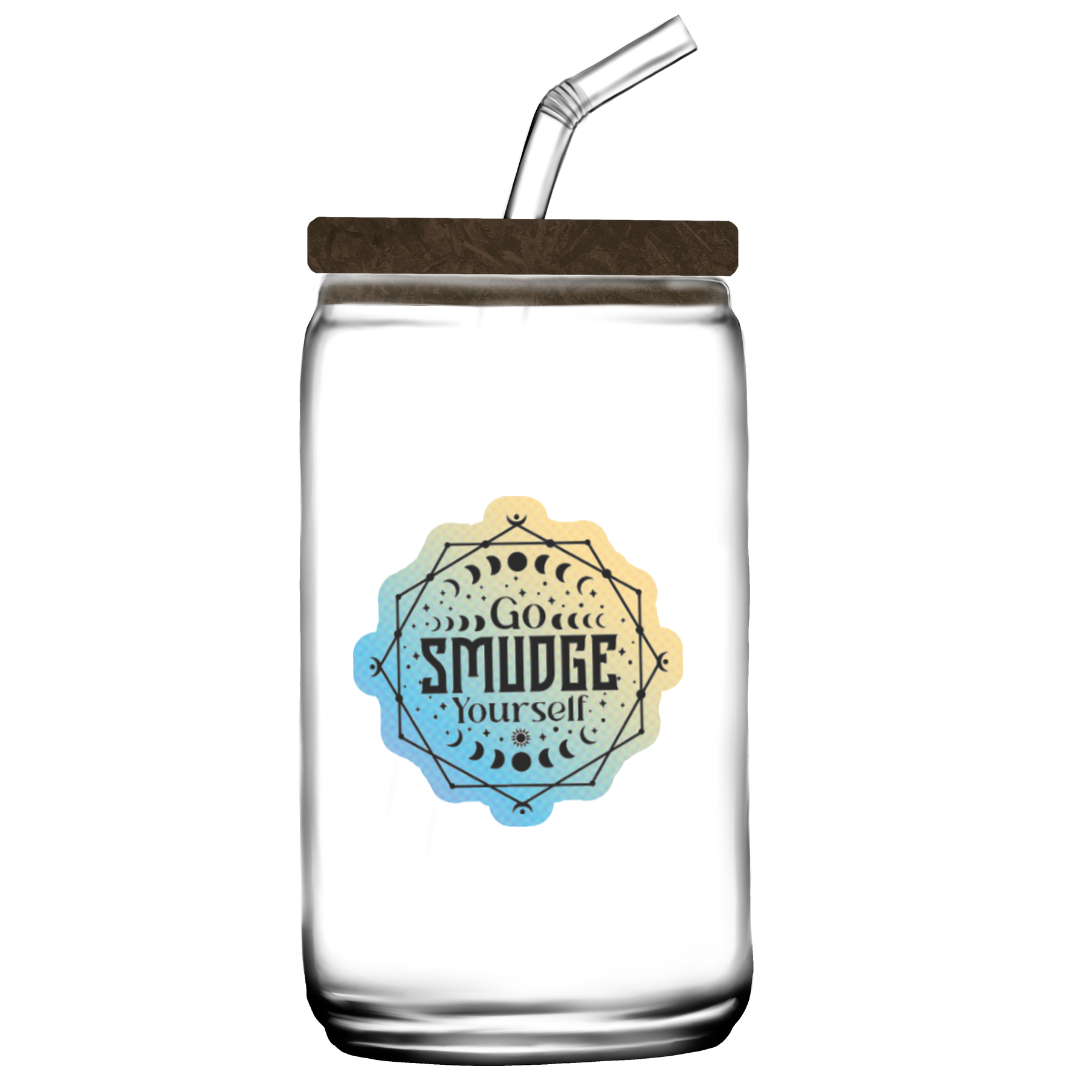 Holographic sticker with moon phases, sacred lines, and the phrase “Go Smudge Yourself” in bold black letters