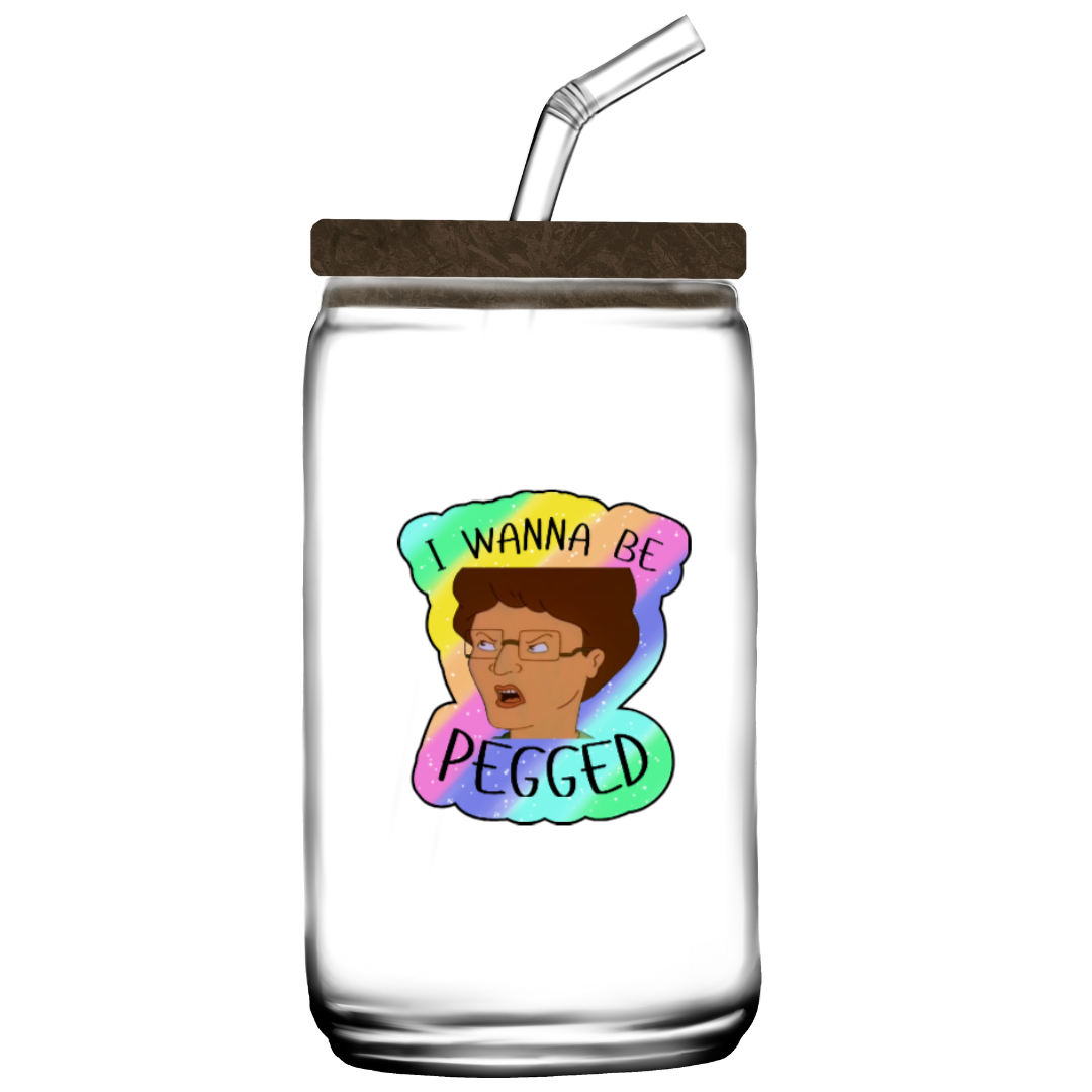 Holographic parody sticker with a cartoon woman and the phrase “I Wanna Be Pegged” in bold black lettering