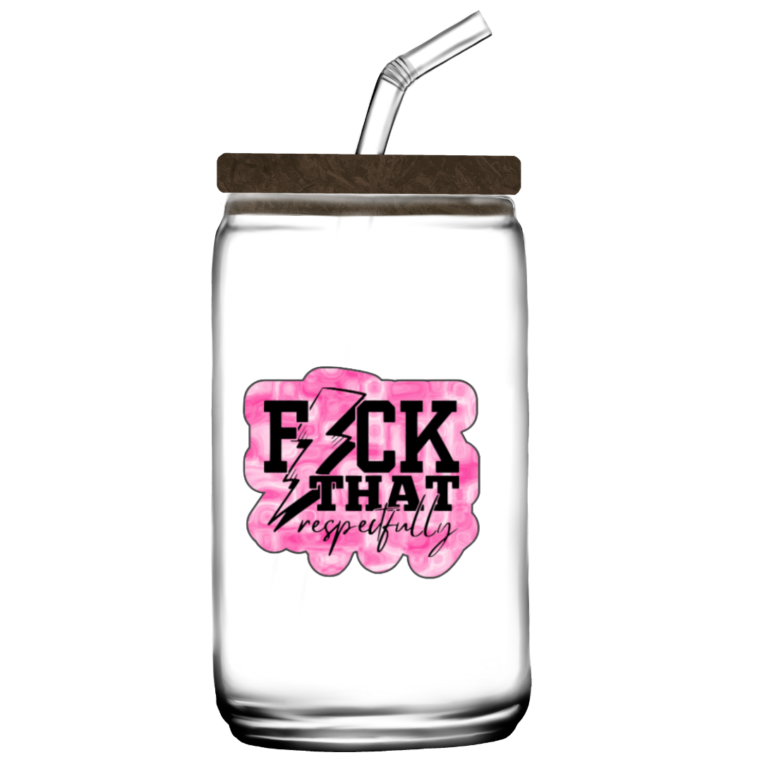 Sticker with pink marble background and the phrase “F*ck That Respectfully” in black text with a lightning bolt