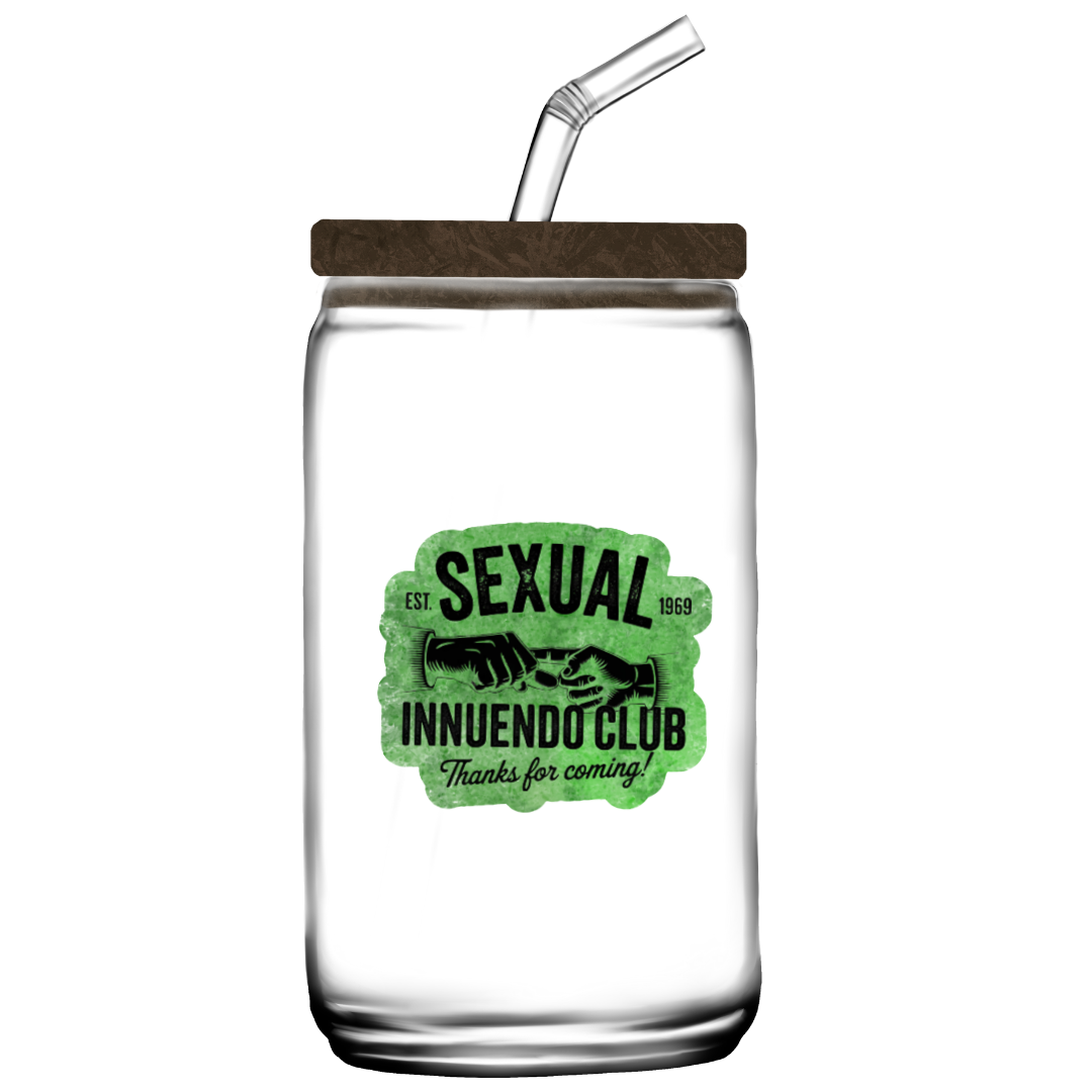 Green sticker with vintage hands and bold black text that reads “Sexual Innuendo Club – Thanks for coming!”