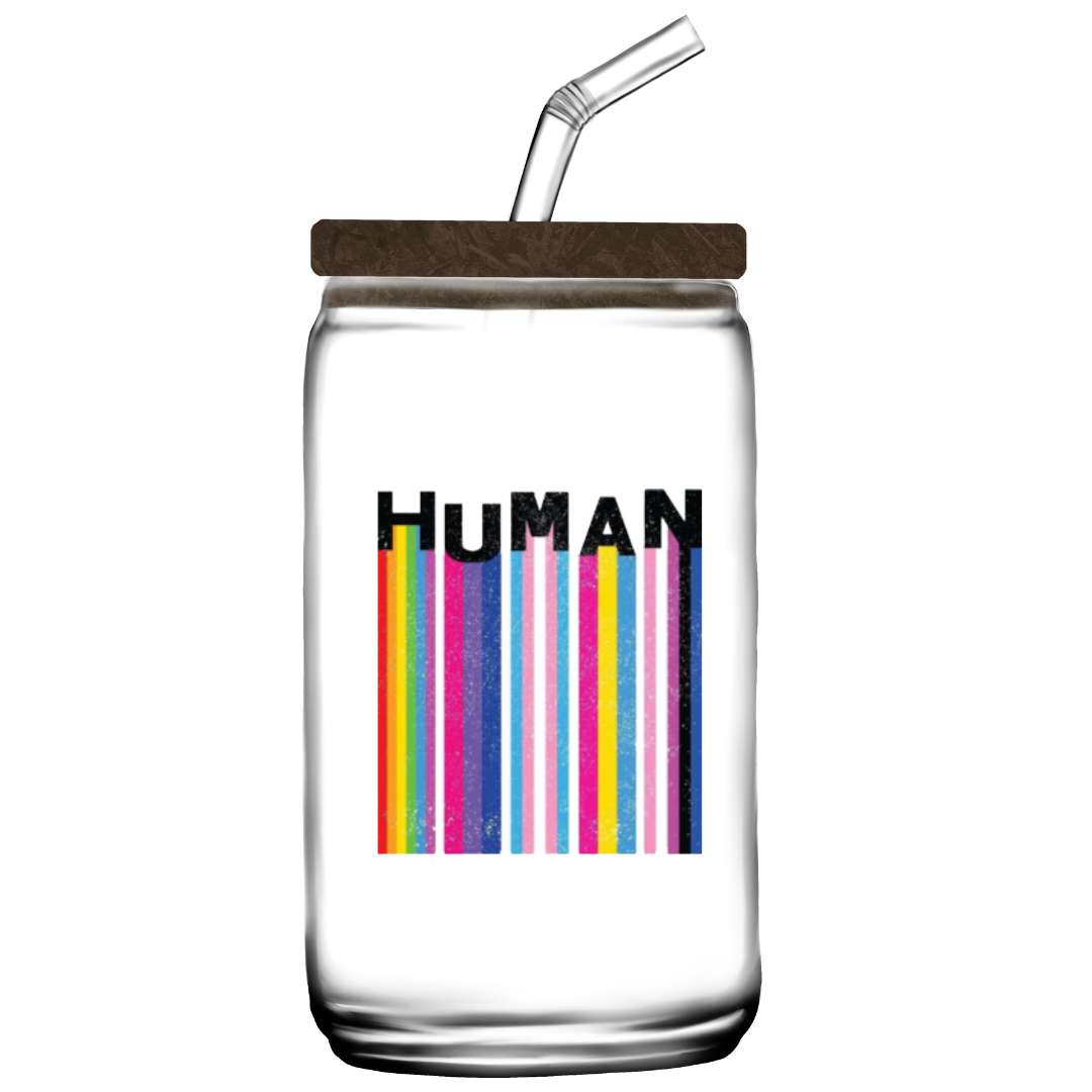 Square holographic sticker with rainbow barcode stripes and the word “HUMAN” in bold black text