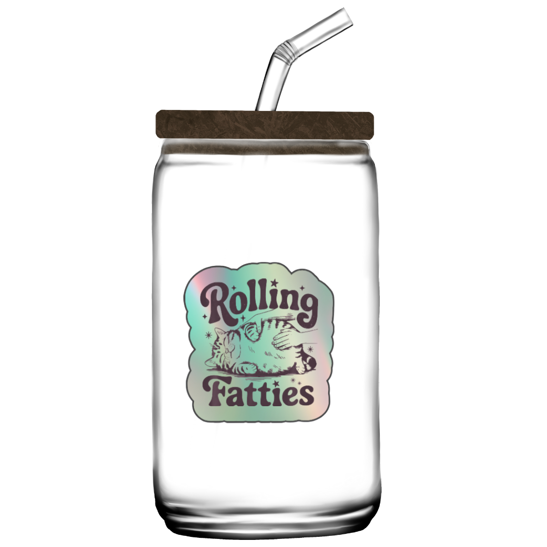 Holographic sticker with a hand rubbing a fat, relaxed cat and the phrase “Rolling Fatties” in playful black text