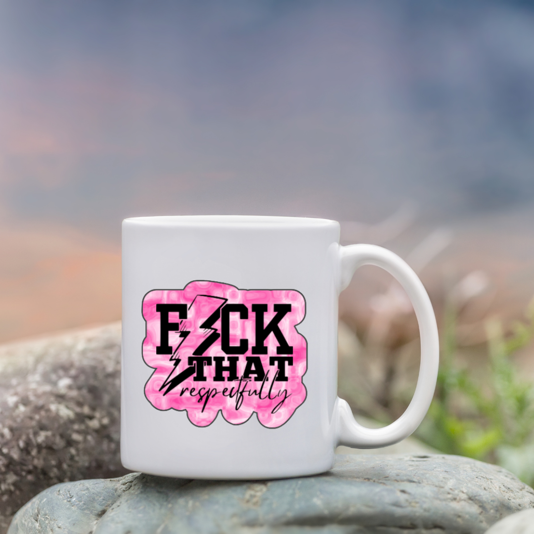 Sticker with pink marble background and the phrase “F*ck That Respectfully” in black text with a lightning bolt