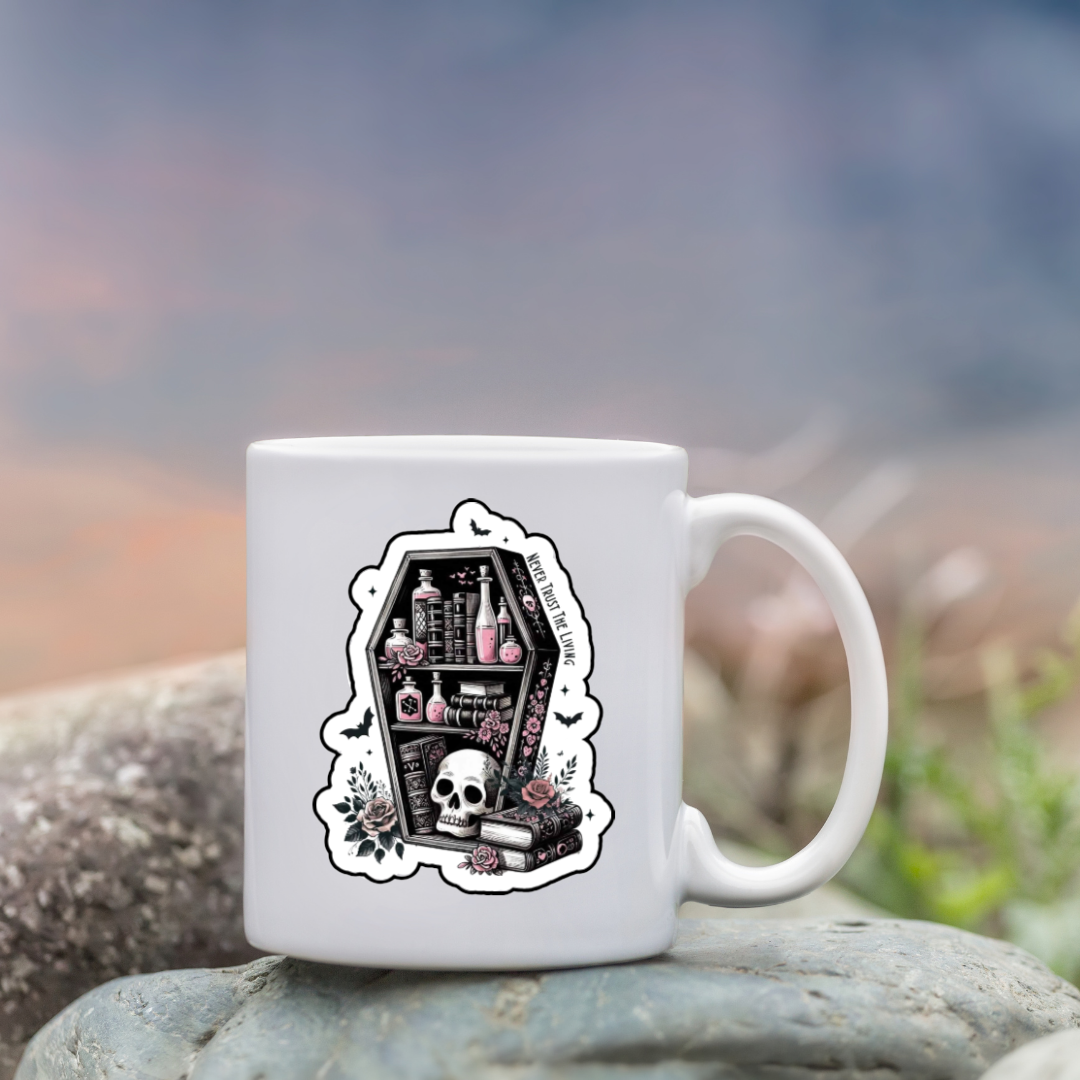 Sticker shaped like a coffin bookshelf with books, pink potion bottles, roses, and a skull, surrounded by bats and flowers. Text along the side reads “Never Trust the Living.”