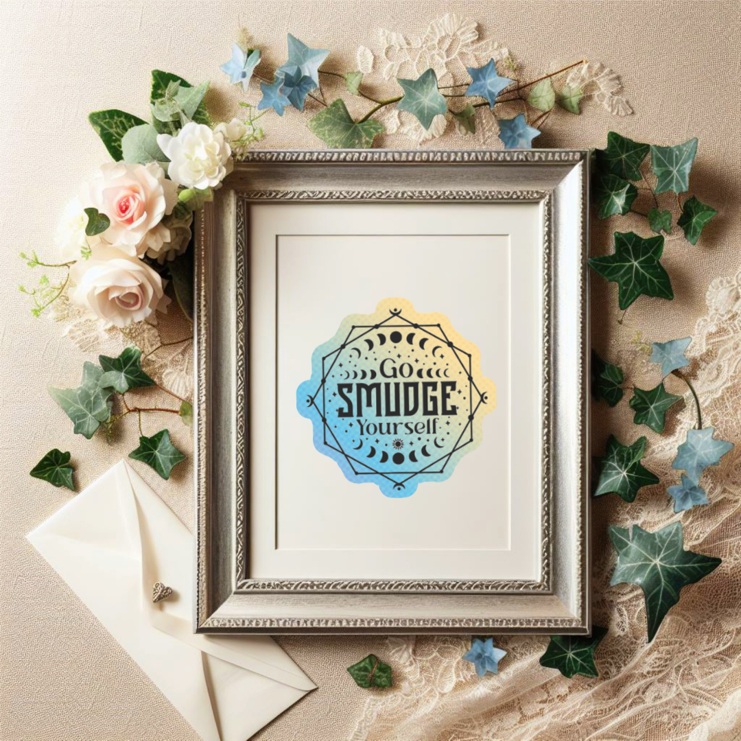 Holographic sticker with moon phases, sacred lines, and the phrase “Go Smudge Yourself” in bold black letters
