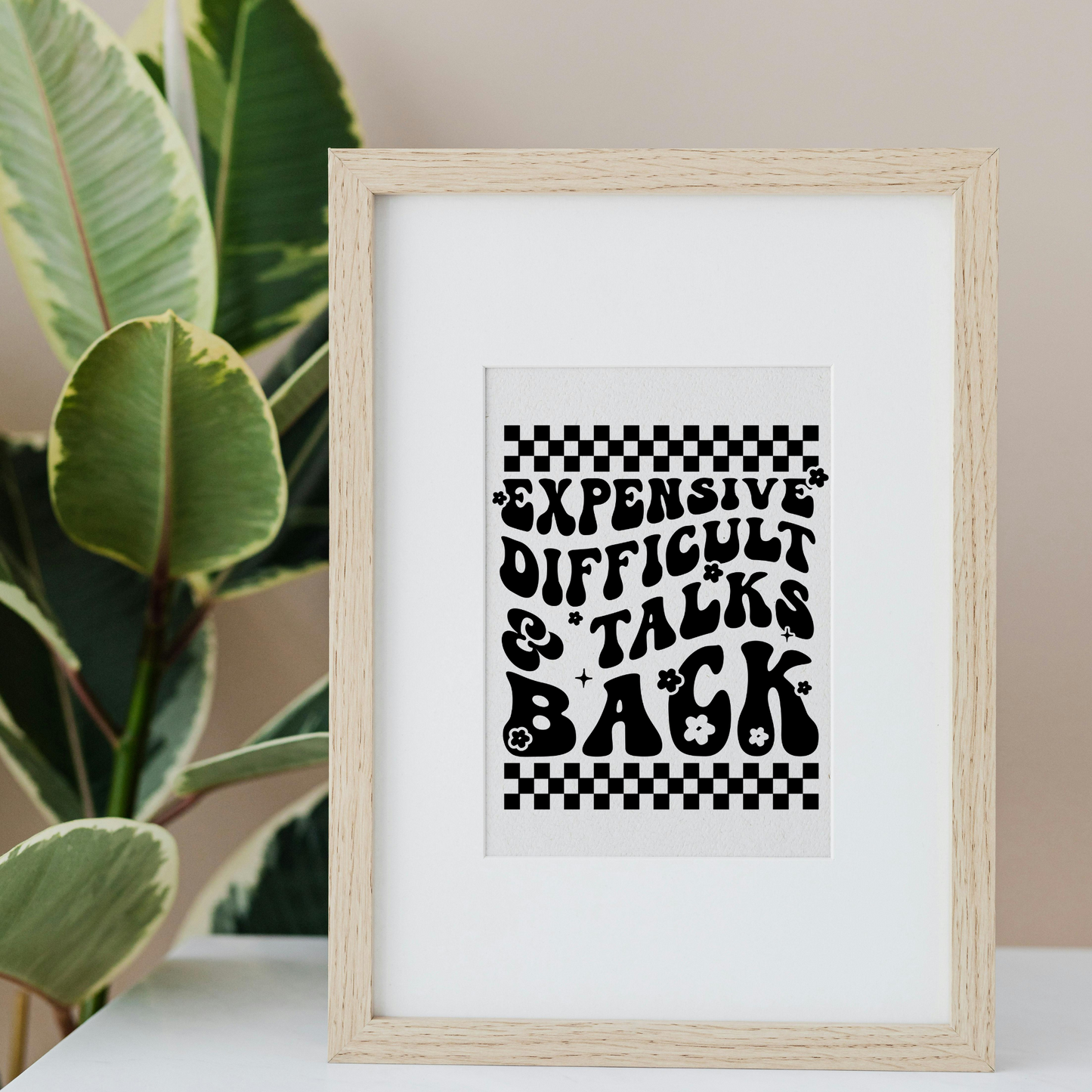 A framed decal that reads Expensive difficult & talks back with a green plant in the background