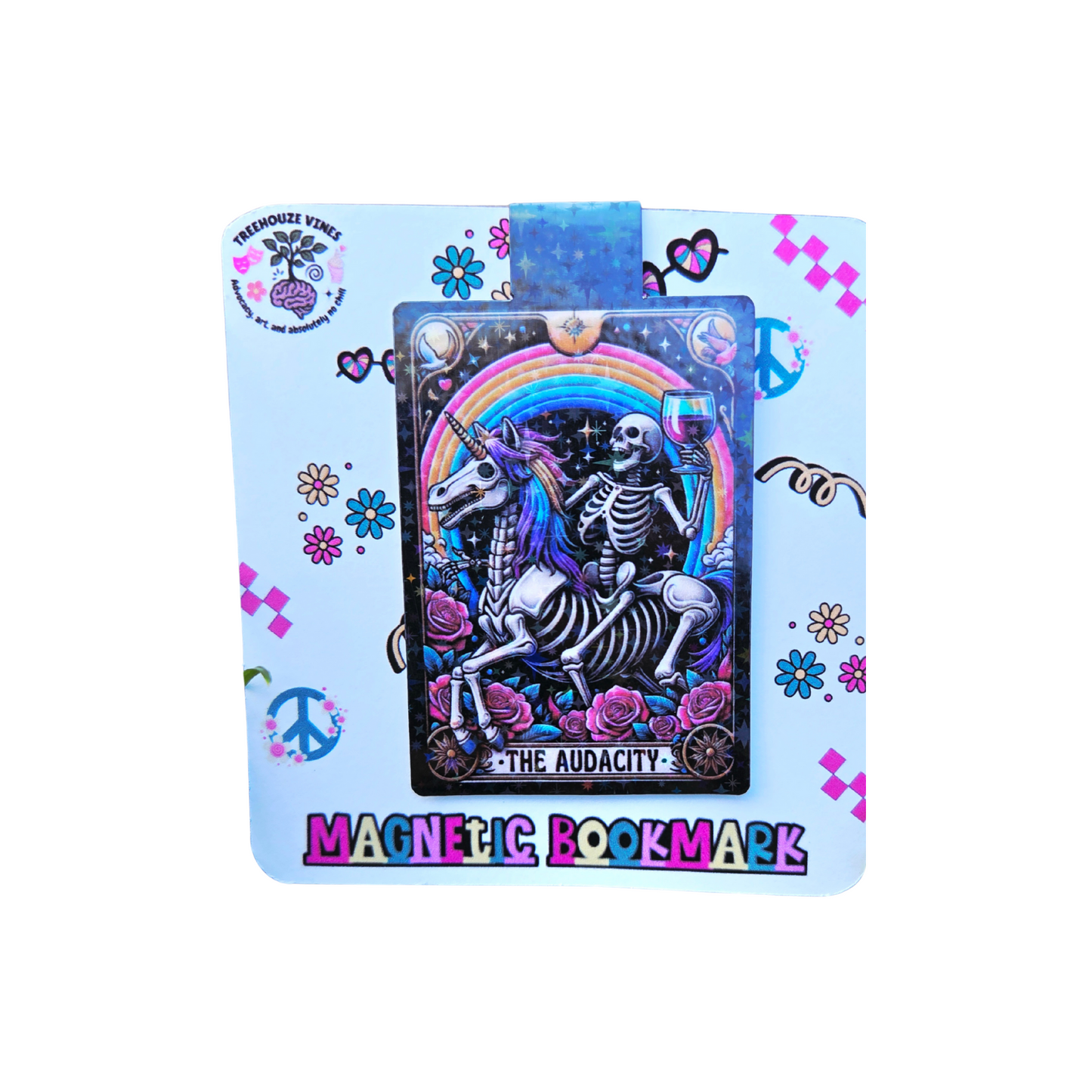 Magnetic bookmark with skeleton design on a colorful background