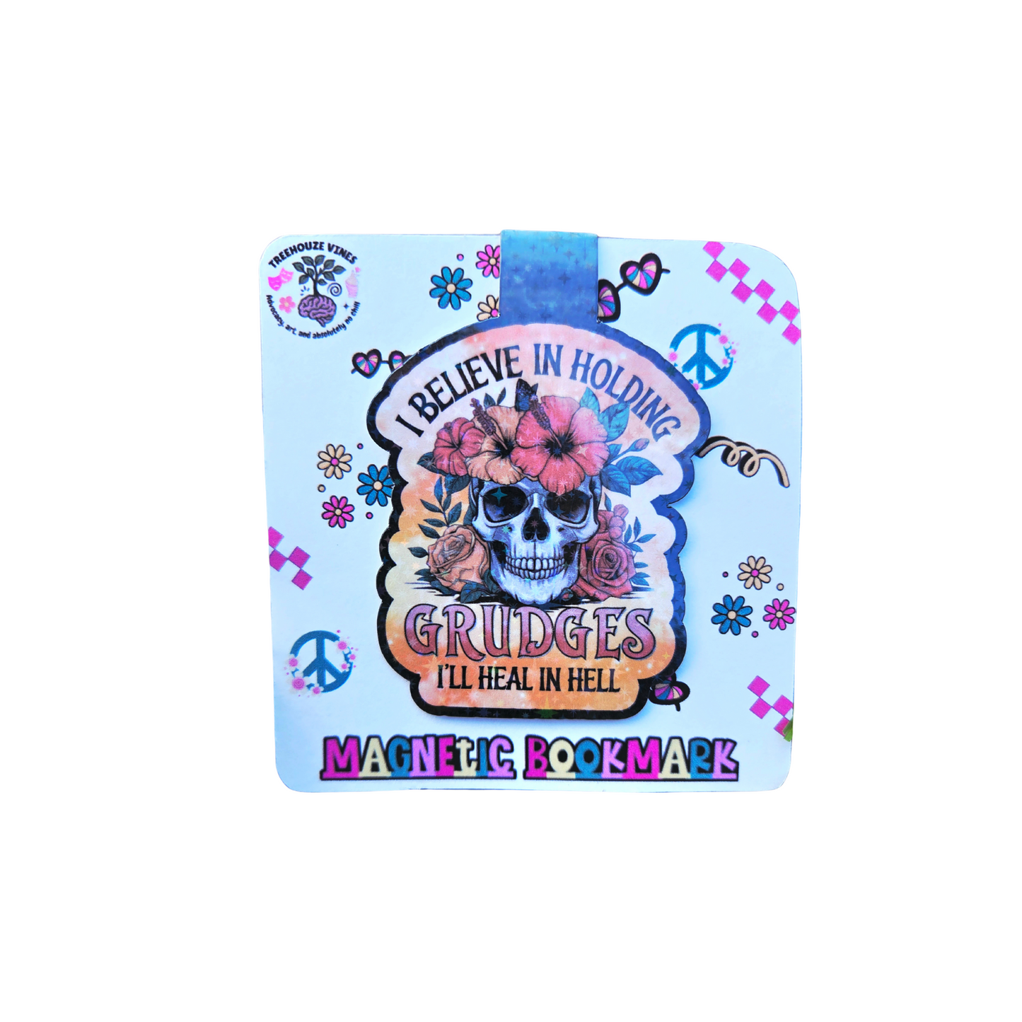 Assorted magnetic bookmarks with bold designs and phrases, each mounted on colorful packaging. Designs include skeletons, unicorns, rainbows, skulls, flowers, mushrooms, and sarcastic quotes.