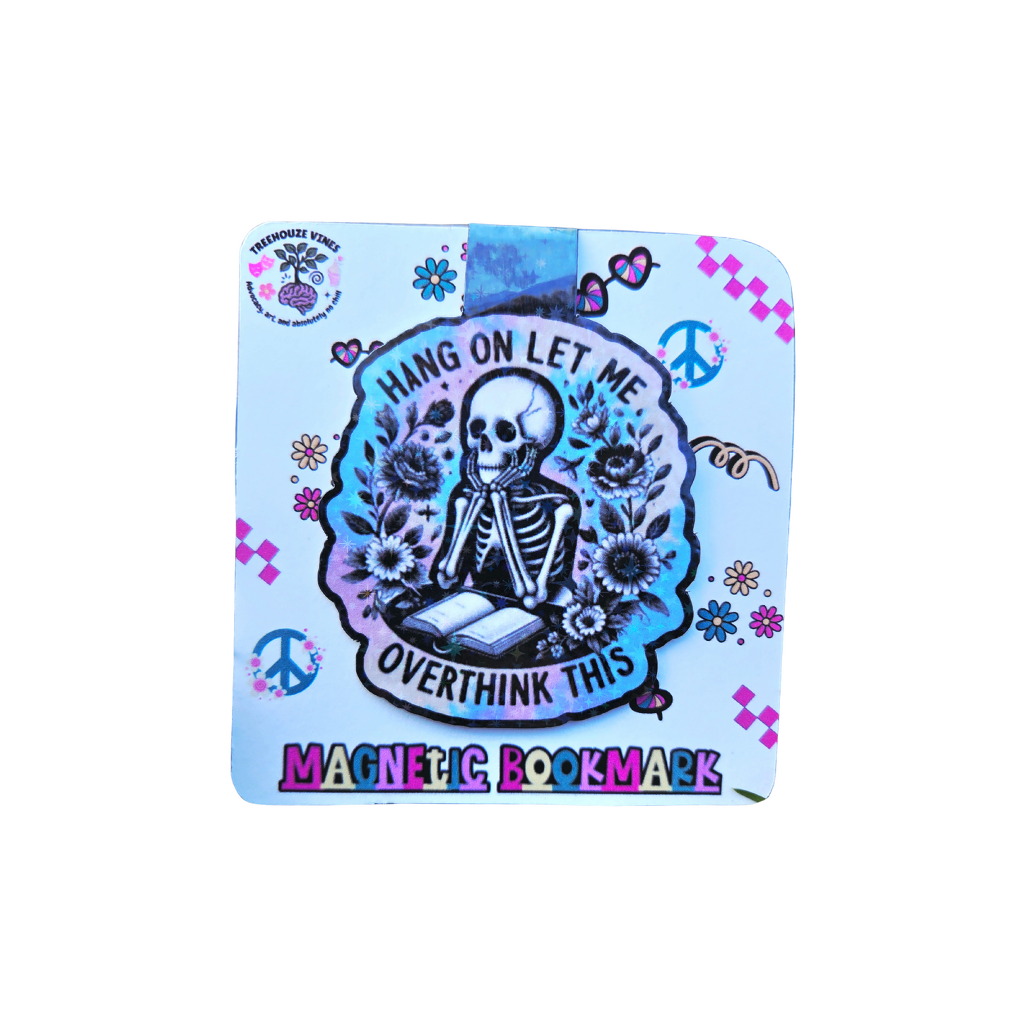 Magnetic bookmark with skeleton design and text on a blue background