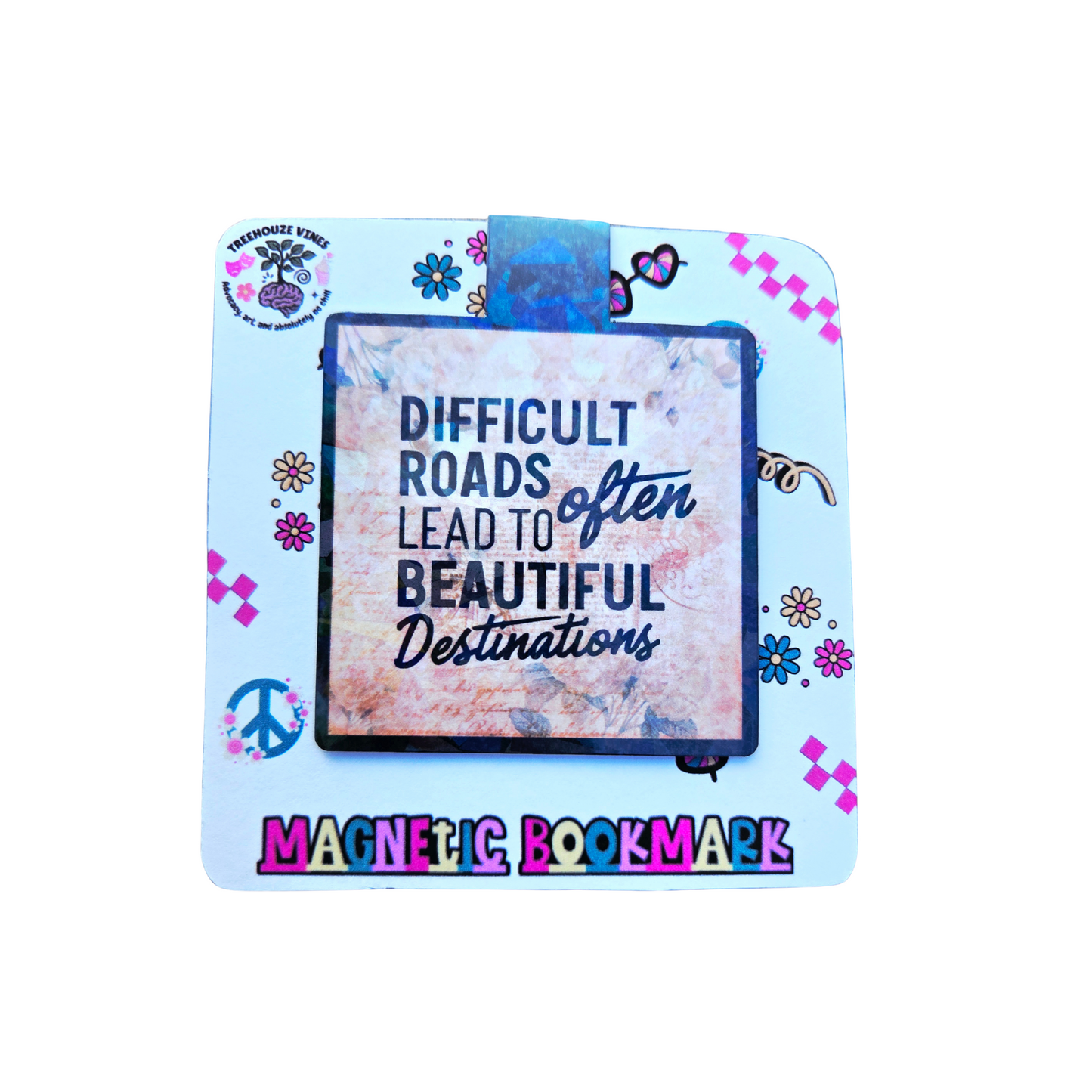 Magnetic bookmark with motivational quote on a light blue background