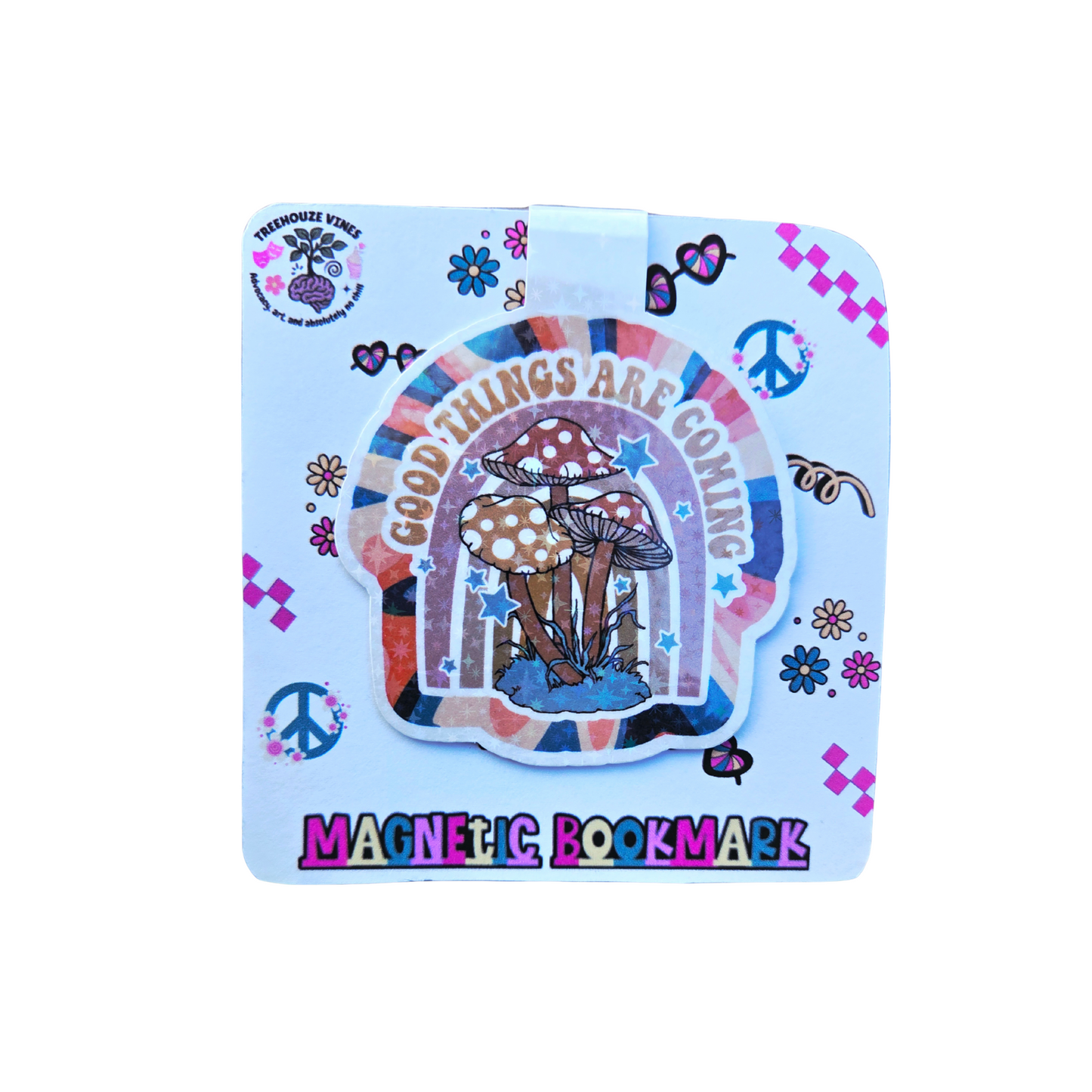 Magnetic bookmark with mushroom design and 'Good things are coming' text on a blue background