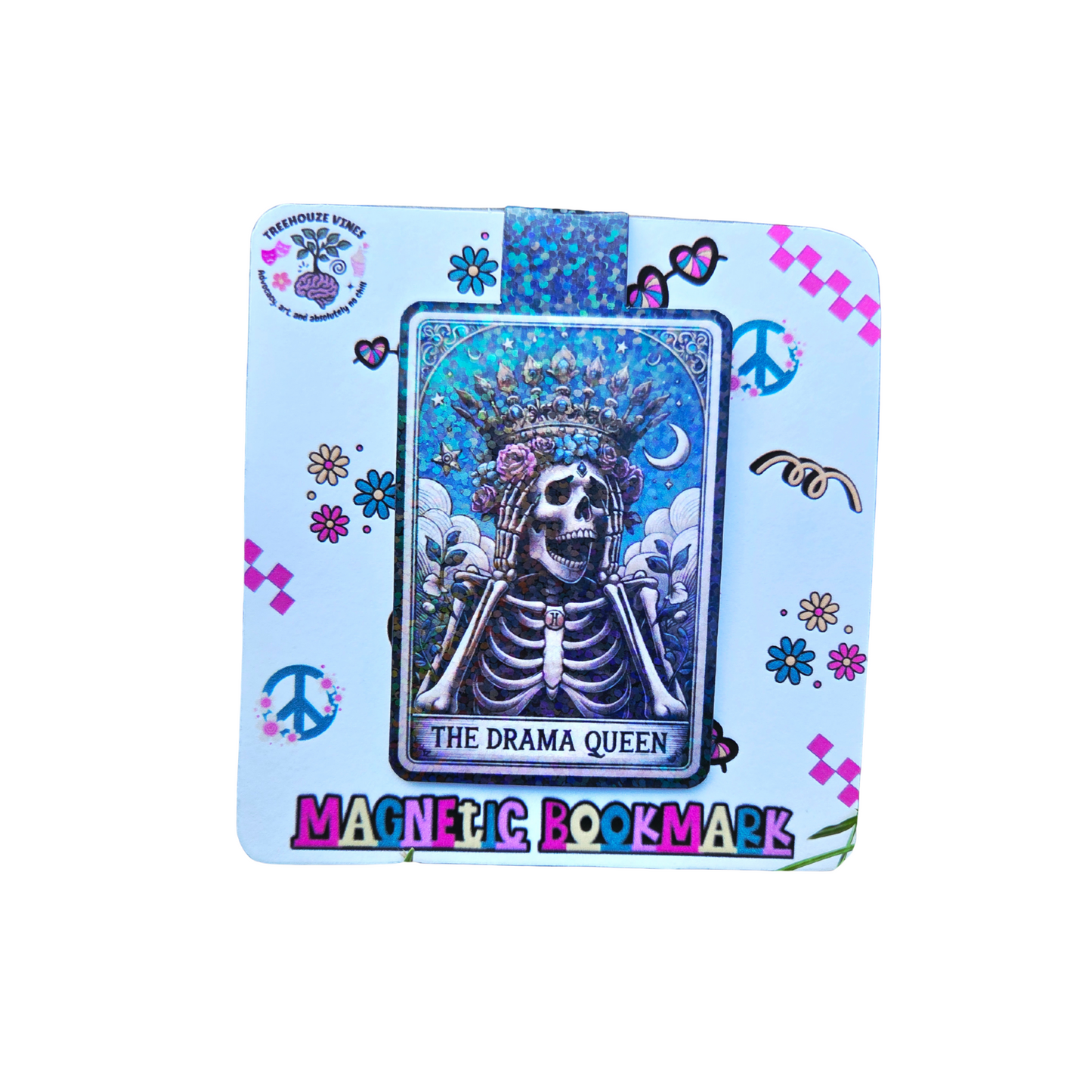Magnetic bookmark with a skeleton design and 'The Drama Queen' text on a blue background