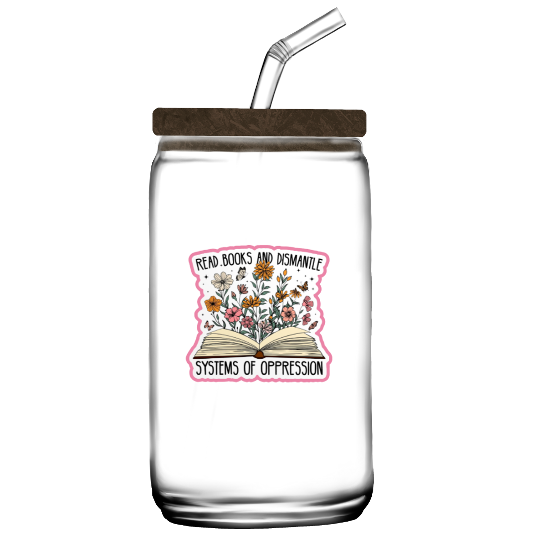 Clear glass mason jar with wooden lid and straw, featuring a colorful design and text on a white background.