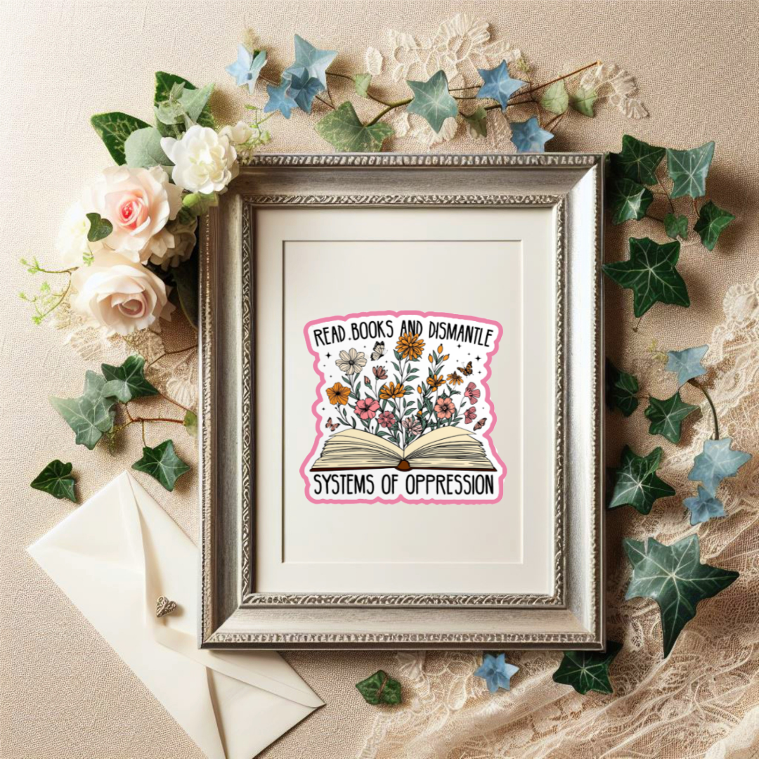 Framed artwork with floral design and text on a decorative background with flowers and leaves.