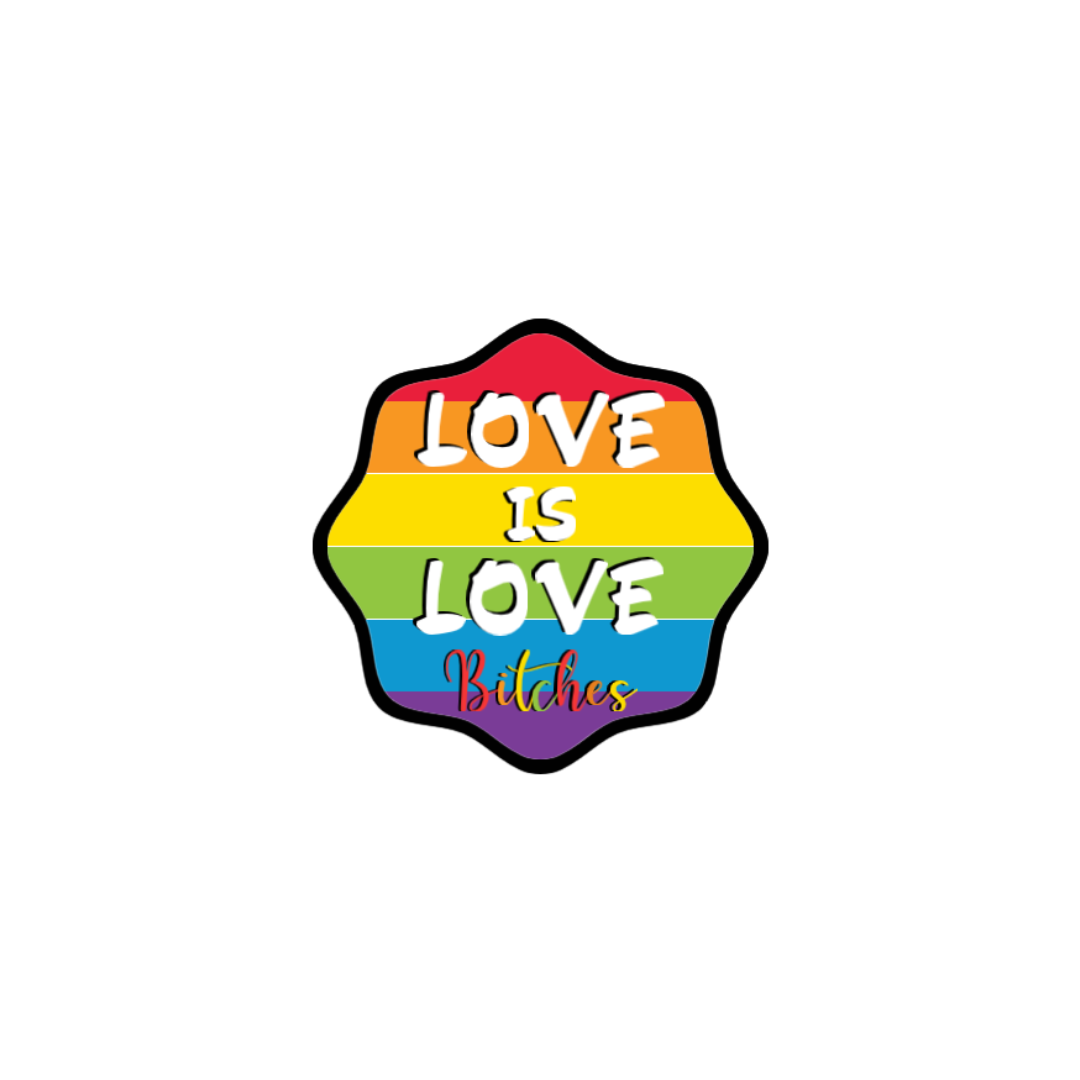 Rainbow-striped sticker with bold white text “Love is Love” and colorful cursive “Bitches” at the bottom