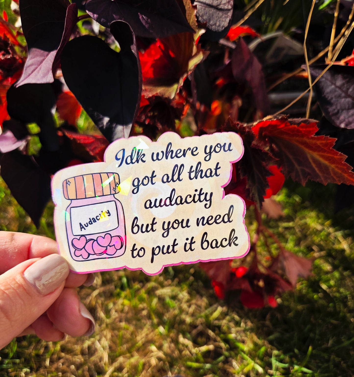 Holographic sticker with a jar labeled “Audacity” and the phrase “Idk where you got all that audacity but you need to put it back” in script font