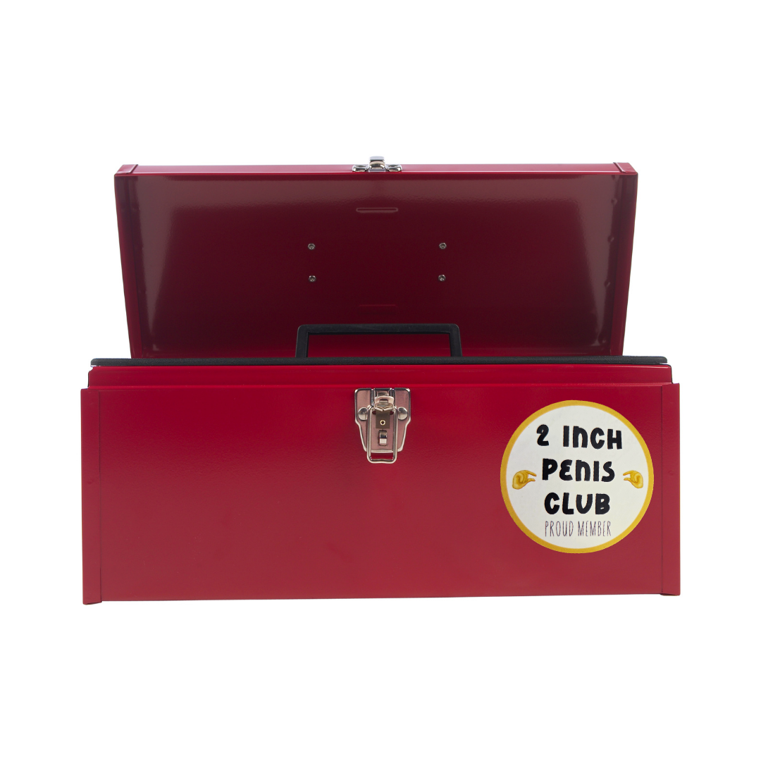 Red toolbox with a humorous label on a white background