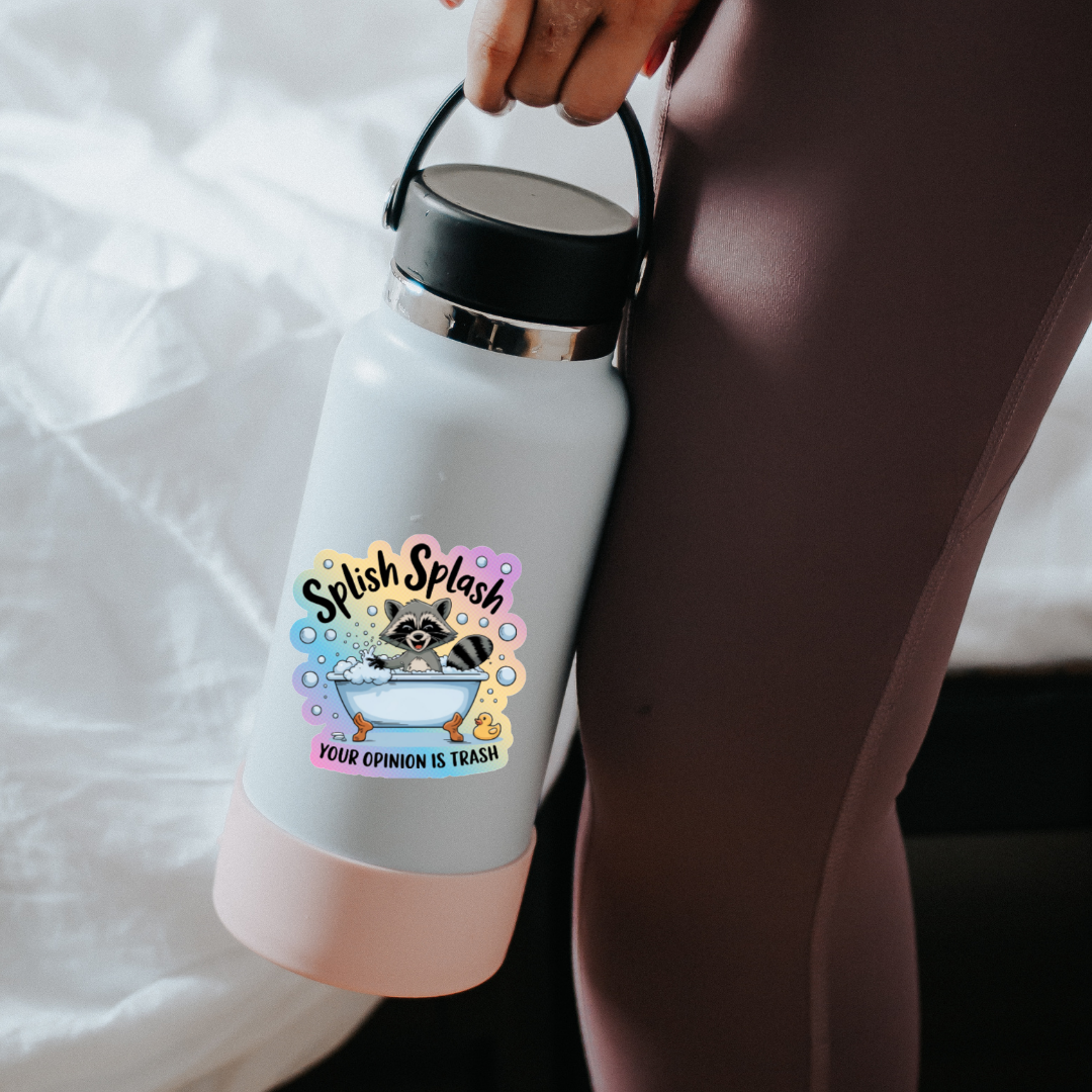 White water bottle with a colorful design and text held by a person.