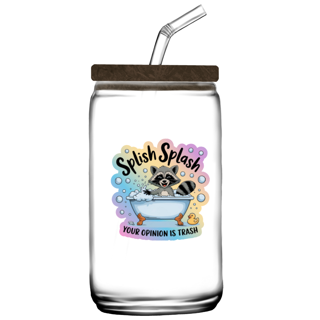 Clear mason jar tumbler with a lid and straw featuring a raccoon graphic and text on a white background.