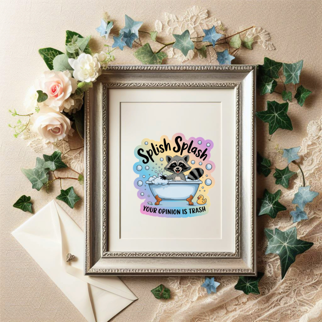 Framed artwork with a raccoon in a bath and text, surrounded by decorative flowers and leaves.