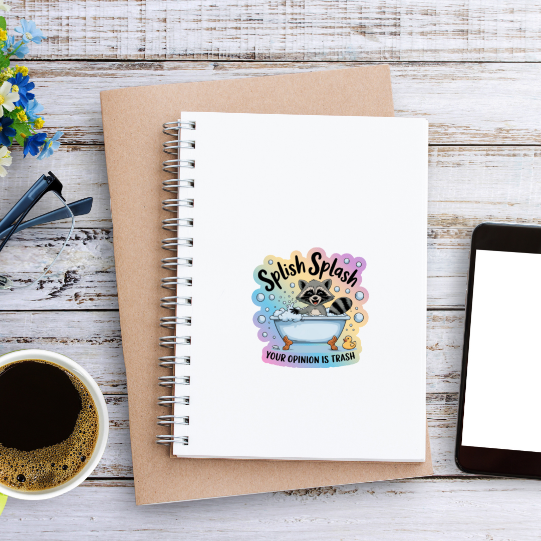 Notebook with a raccoon illustration and text on a wooden surface with a cup of coffee and tablet.
