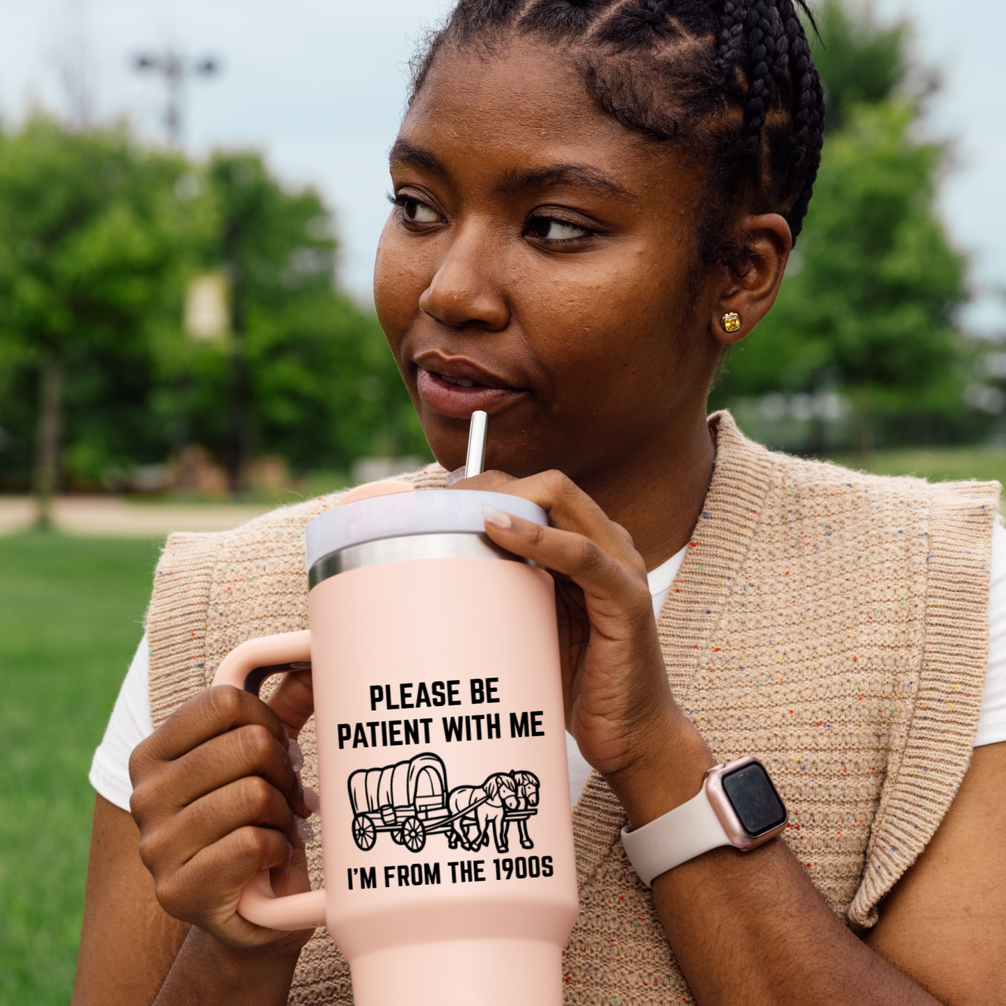 Black and white funny vinyl sticker with a covered wagon and two horses. Text reads: "Please be patient with me – I'm from the 1900s." Ideal for millennial humor lovers.