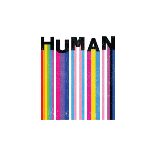 Square holographic sticker with rainbow barcode stripes and the word “HUMAN” in bold black text