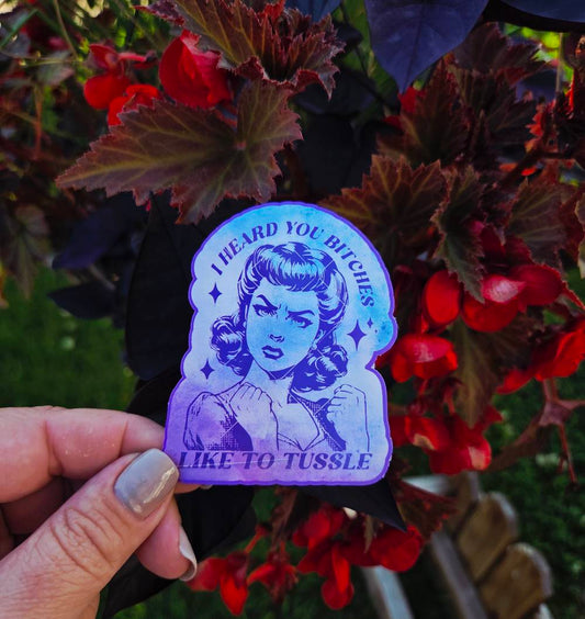 Sticker featuring a vintage-style woman with fists up and the phrase “I Heard You Bitches Like to Tussle” in purple and teal tones