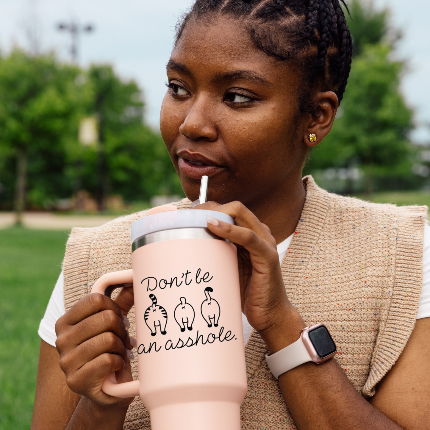 Vinyl decal with three cartoon cat butts and the phrase “Don’t be an asshole” in playful script