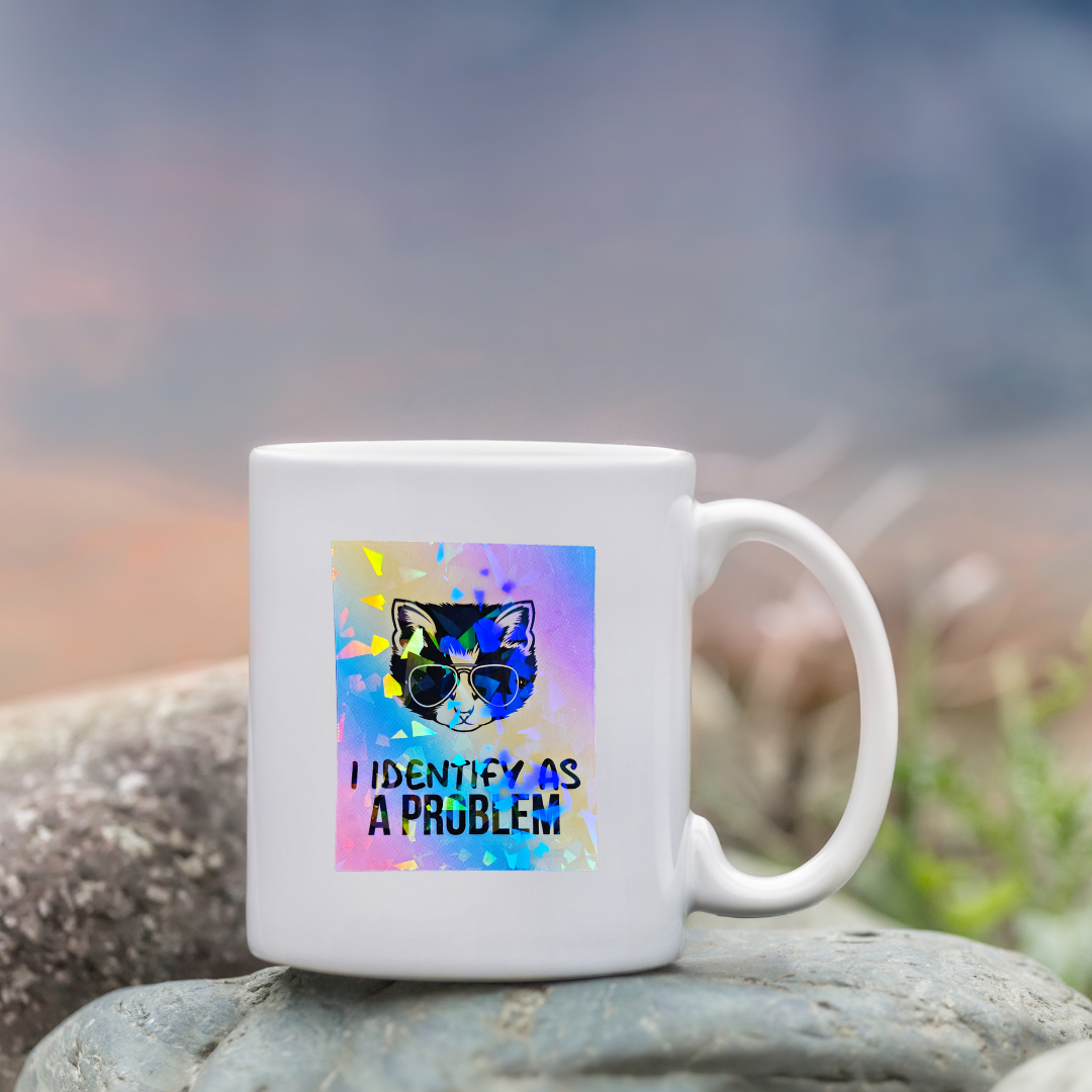 Funny Cat Sticker - I Identify as a Problem - Holographic Rainbow Sticker