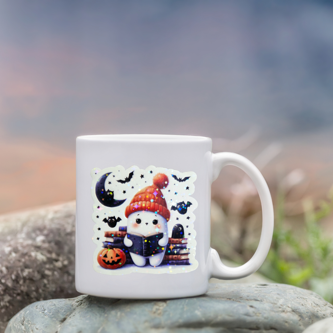 Cute Ghost Holographic Sticker – Cozy Fall Halloween Vibes – 4 Inch
