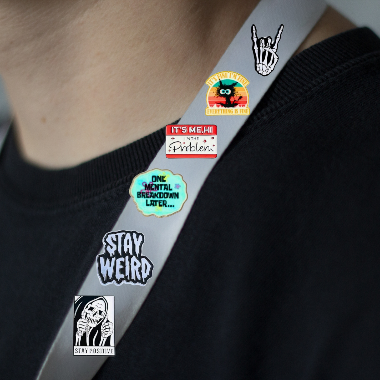 Skeleton Stay Positive Enamel Pin - for Backpacks, Lanyards, Bags, Hats, Lapel - Novelty Button