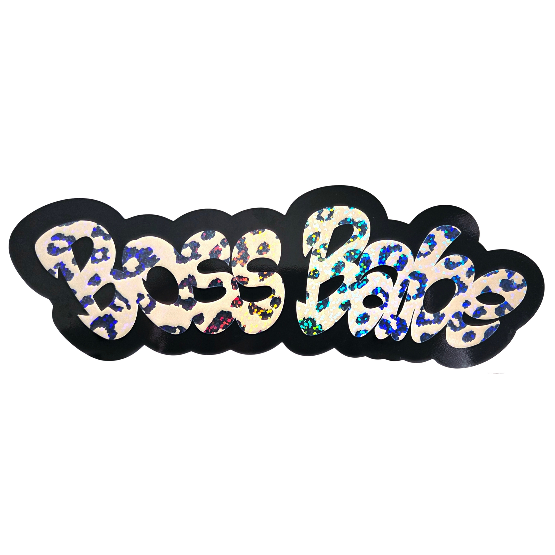 Bold vinyl decal that says “Boss Babe” in holographic cheetah print lettering with black layered outline.