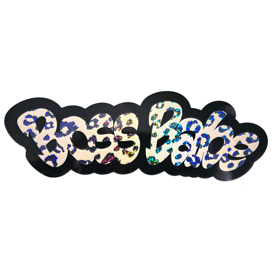 Bold vinyl decal that says “Boss Babe” in holographic cheetah print lettering with black layered outline.