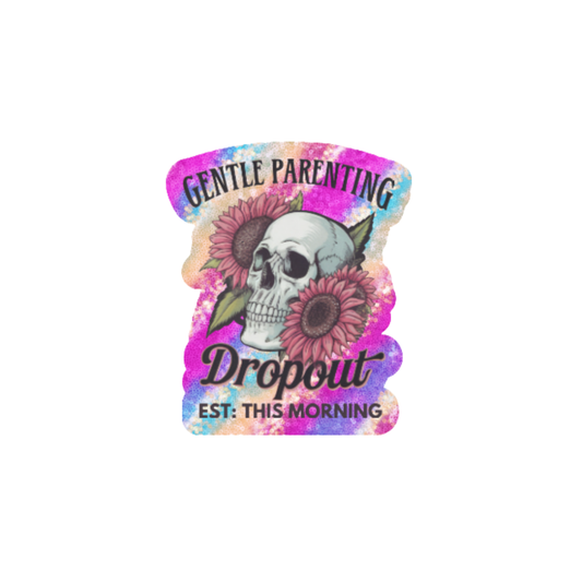 Sticker with skull design, flowers, and text on a white background