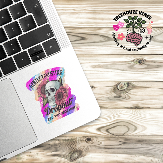 Sticker with skull and flowers design on a laptop, Treehouze Vines logo in the corner.