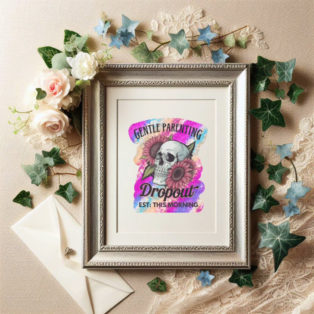 Framed artwork with a skeleton character and text, surrounded by flowers and leaves.
