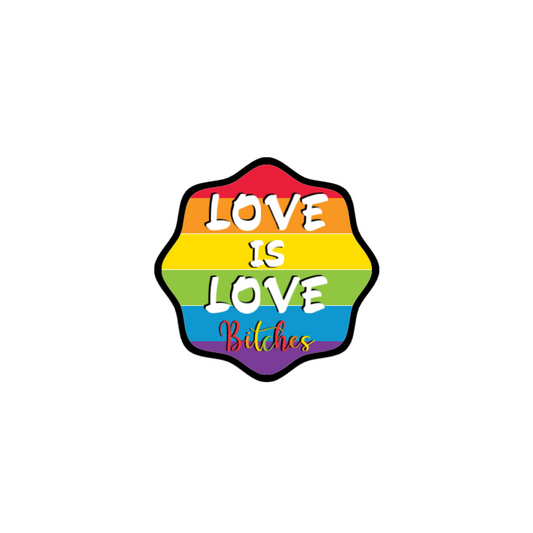 Rainbow-striped sticker with bold white text “Love is Love” and colorful cursive “Bitches” at the bottom